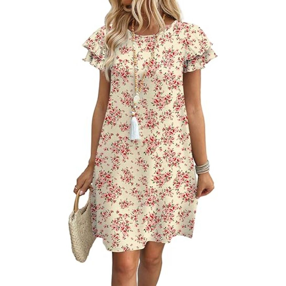 Women's Crem Red Ruffle Sleeve Round Neck Loose With Pockets Plain Print Dress